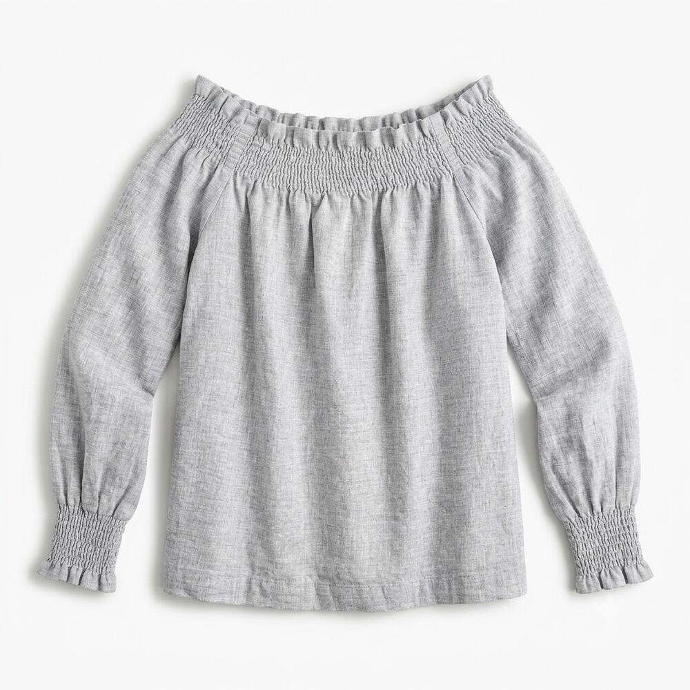 LOFT Smocked Off The Shoulder Flannel Blouse Gray Cotton Womens XS